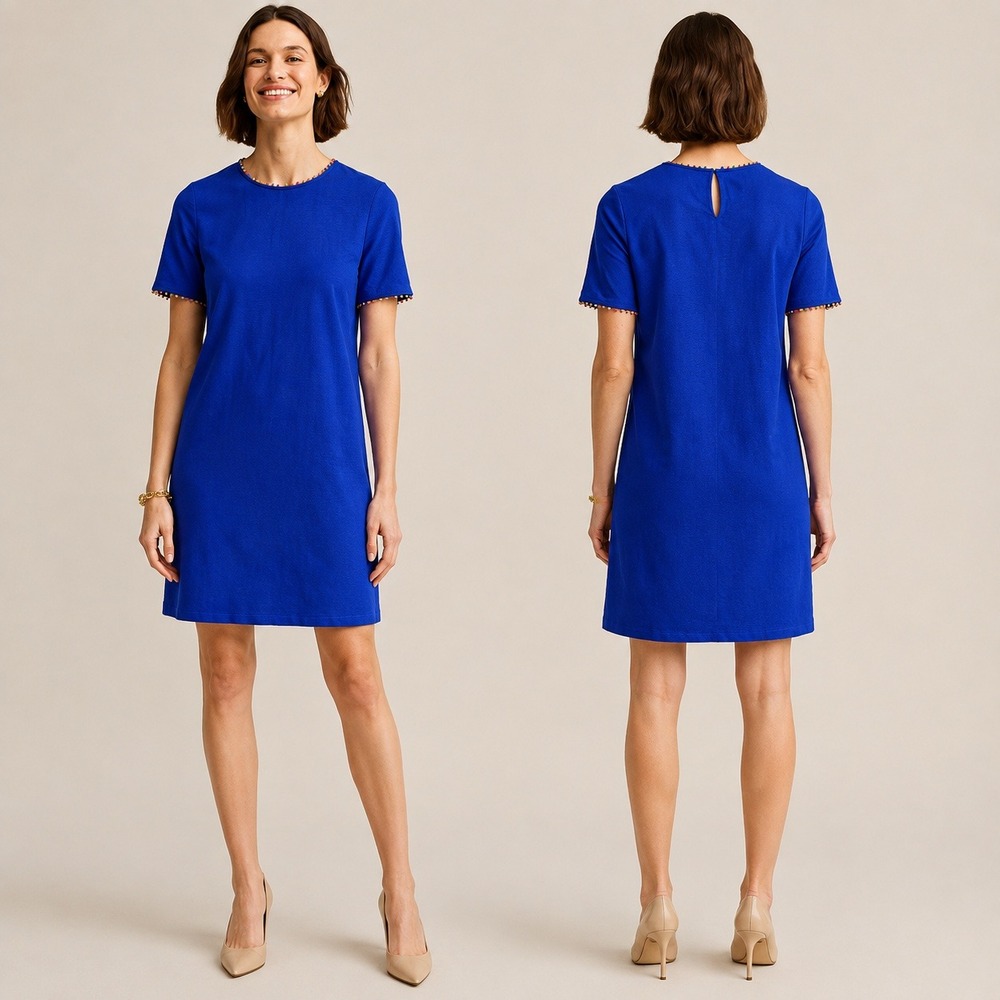 Boden Ali Pom Sleeve Dress Size US 14R Blue Cotton Rainbow Trim Knee Length